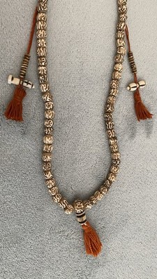 Vintage Tribal Necklace Patterned Cream Over Brown Ceramic Beads 3 Tassels