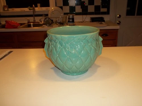 Vintage McCoy Jardiniere 9.5" Dia Planter Seafoam Quilted Diamond Pattern
