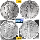 2 Vintage 1942 45⌛US Phila Mint World War II Silver Mercury Dimes🪙As Depicted🪙