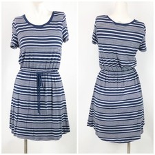 Olive & Oak Small Womens Navy White Striped Elastic Tie Waist Knit Dress 