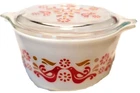 Vtg Pyrex Friendship Casserole Dish #473 1 Qt Lid Red Birds Flowers PET RESCUE