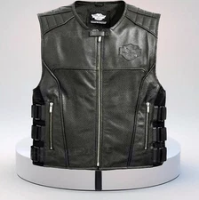 Harley Davidson Men’s Genuine Leather Biker Vest Black Motorcycle Club Highway