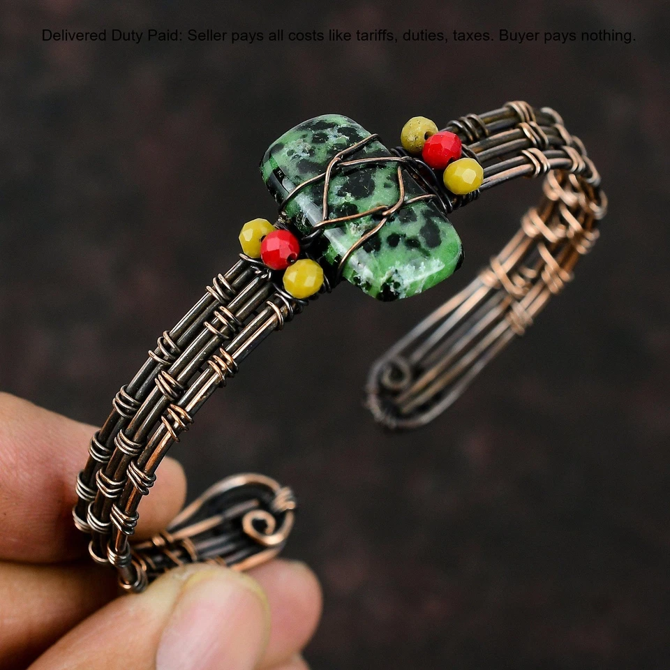 Brazalete de diseño de cuentas de coral amarillo y rojo de zoisita rubí natural de cobre joyería Foto 3 de 4