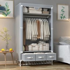 Clothes Closet Rolling Door Wardrobe with Hanging Rack Non-Woven Fabric Portable