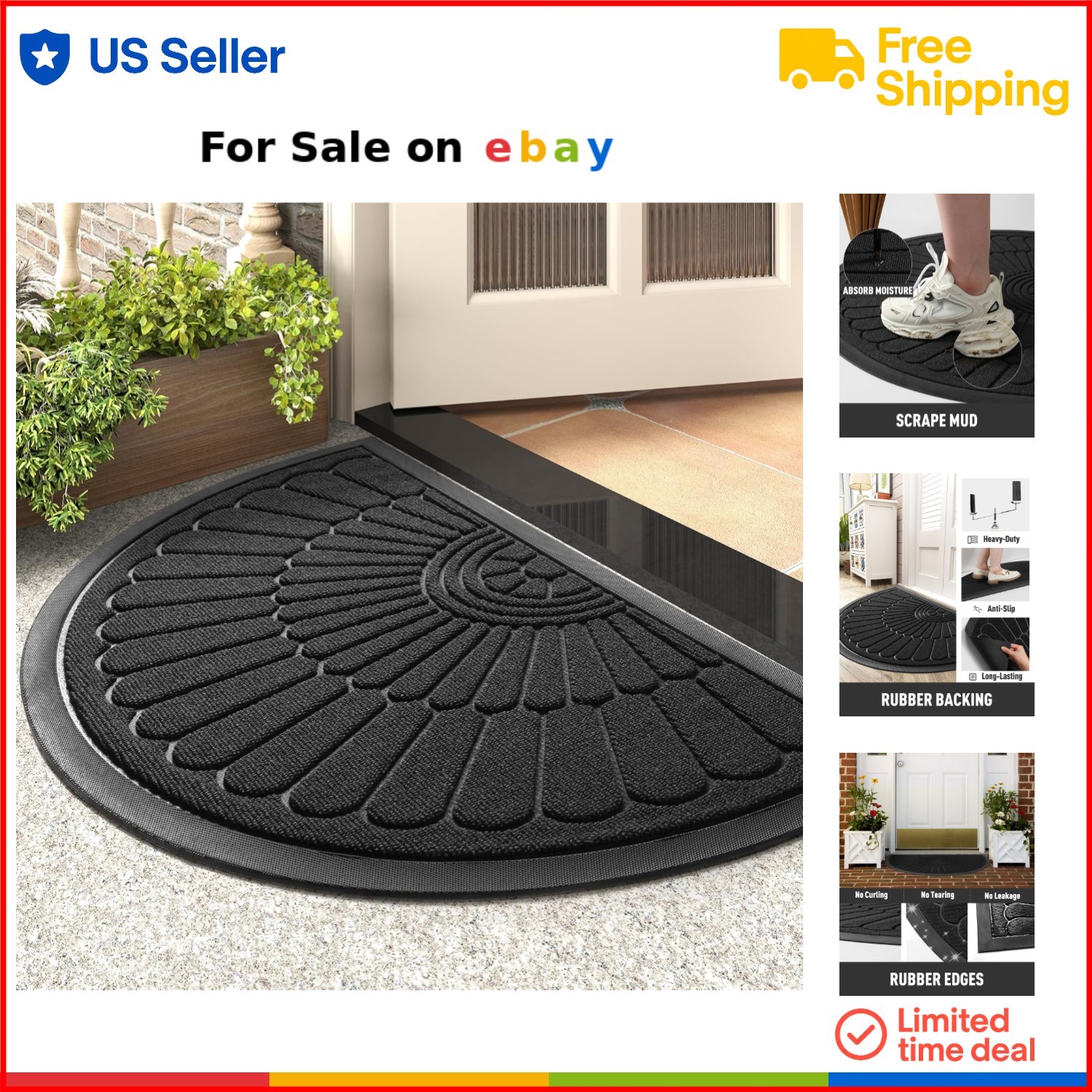 Durable Black 24x36 Non-Slip Rubber Doormat for Indoor Outdoor Use  
