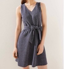 LOFT Navy White Textured Stripe Tie Waist Side Pocket VNeck Dress size 4