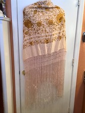 Vintage Spanish Peach Silk Shawl With Gilded Embroidery Piano Shawl 