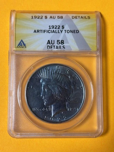 1922 P ANACS AU 58 Detail Peace Silver Dollar, USA Silver $1 Coin, Toned