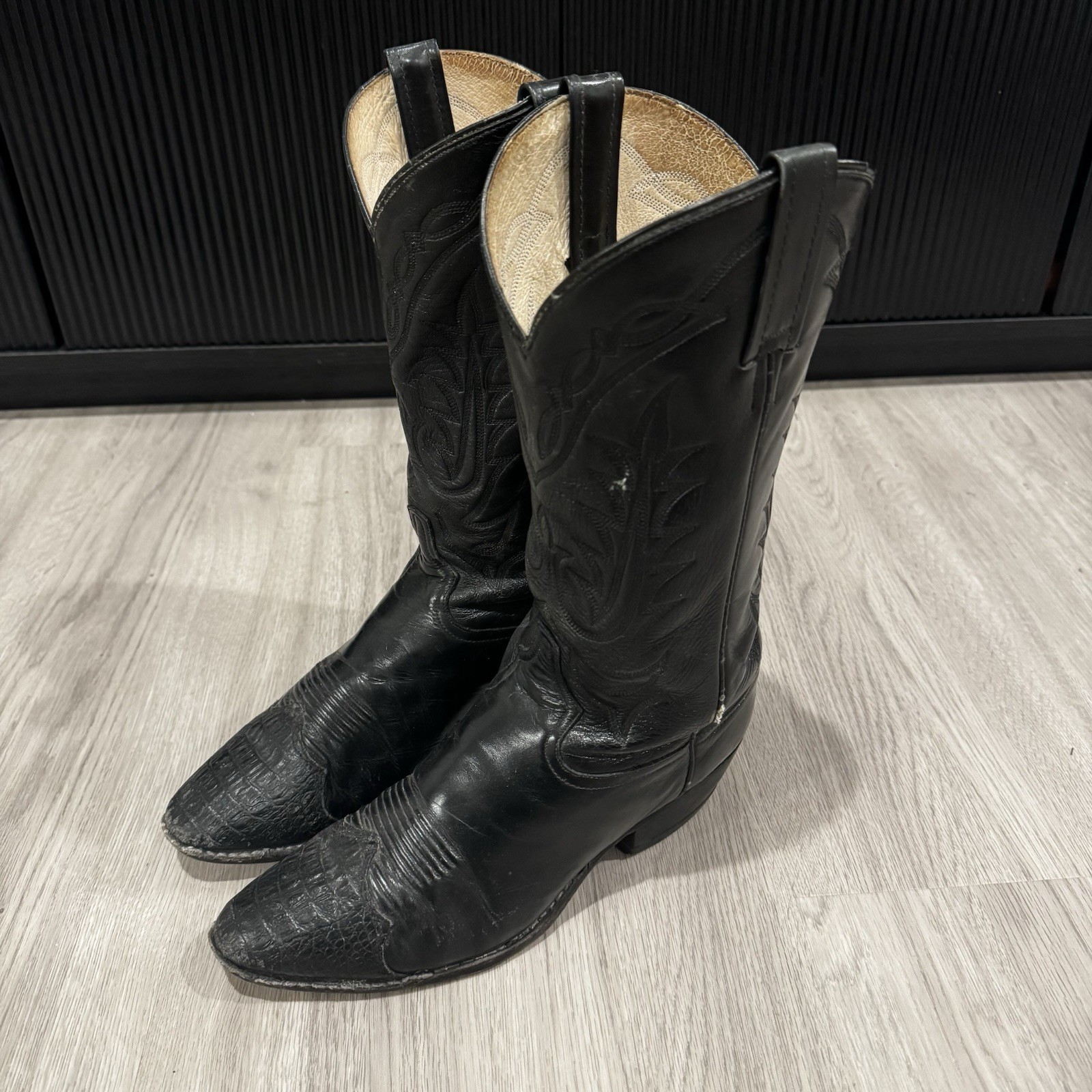 Tony Lama Boots Mens Black Leather Cowboy Caiman Toe Western Pull On Size 10 D