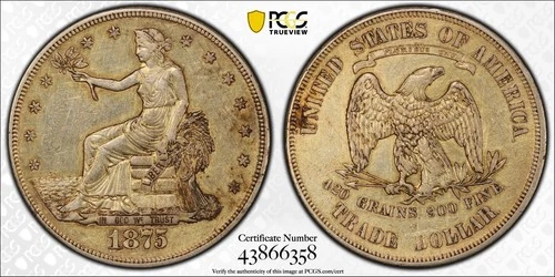 1875-S Trade Silver Dollar, PCGS Gold Shield Genuine XF Detail
