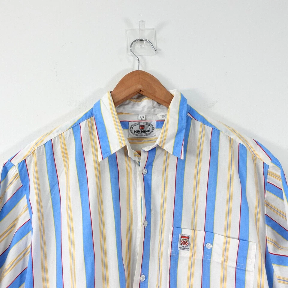 VINTAGE Tom Tailor Shirt Mens Large Blue Striped Cotton Casual Classic Camp MOD - Image 2 of 4