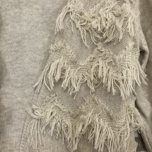 Chico’s Size Large Tan Cream Fringe Detail 3/4 Sleeve Cardigan Sweater - Picture 2 of 4