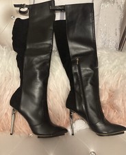 NEW RARE Black Leather/Suede Silver Metal Heel Knee High Stiletto Boots 10B