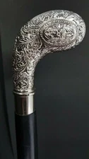 Sterling Silver Brass Engraved Head Handle Wooden Handmade Walking Stick Cane