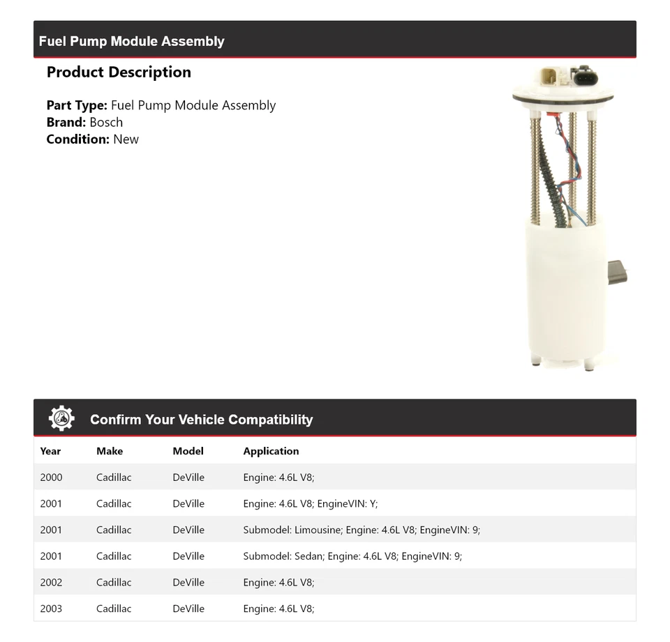 Conjunto de módulo de bomba de combustible Bosch V8 4,6 L para Cadillac DeVille 2000-2003 2001 2002 Foto 2 de 4