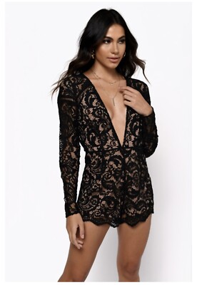 Tobi Ruby Black Scallop Open Back Lace Romper XS