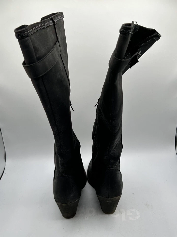 Bota hasta la rodilla de tacón ancho para mujer talla 9 correa de hebilla de cuero negro punta almendra Foto 3 de 4