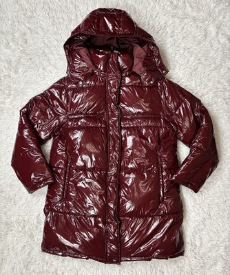 Topshop Burgundy High Shine Puffer Jacket Hooded Glossy Coat Women's Size S 4-6