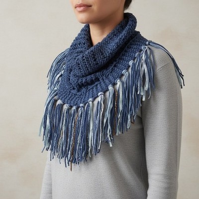 NEW Hand Knitted Blue Eyelet Boho Cowl Scarf Fringe Cottage Coastal Whimsy Fairy