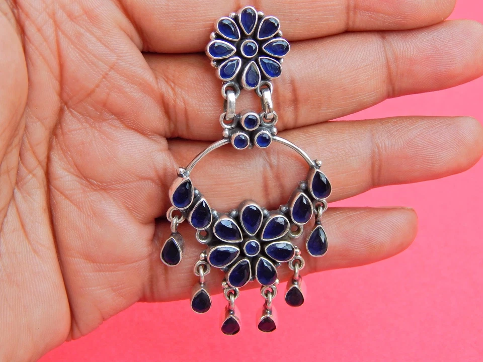 Natural Blue Sapphire Boho Stud Earring 925 Sterling Silver Wedding Jewelry Gift - Image 2 of 4