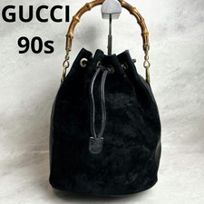 GUCCI 90s Bambú Bolso de Mano Bolsa Gamuza Cuero Negro