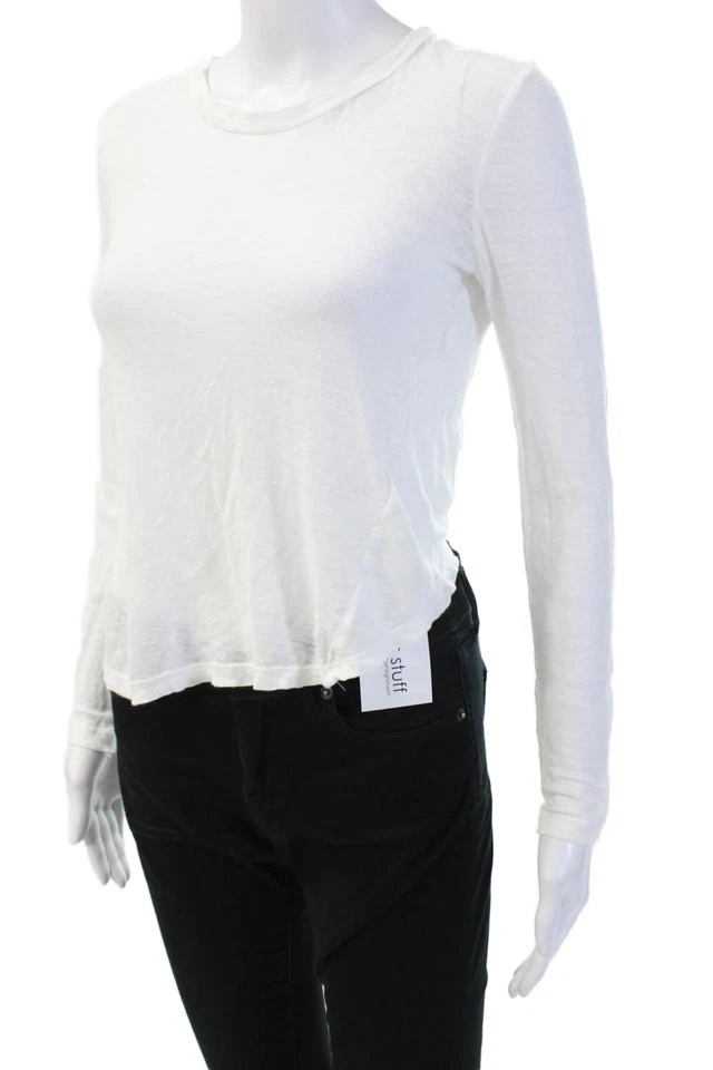 Camiseta de mujer ALC recortada 100 % lino cuello redondo manga larga talla XS Foto 2 de 4