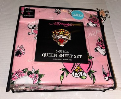 Ed Hardy Queen 6pc Sheet Set Pink Skull Flowers Death Before Dishonor Hearts NWT