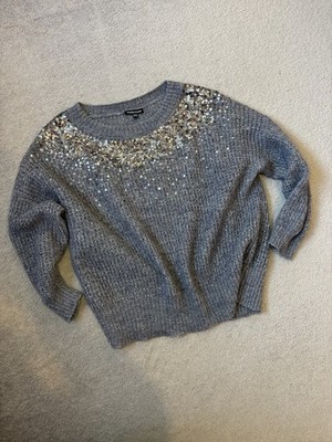 Warehouse grau Alpaka Mischung Pailletten verziert Strickpullover Pullover-Größe 10