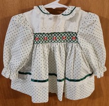 Polly Flinders Girl's 12M Smocked Dress White Green Polka-dot Eyelet Lace Fancy
