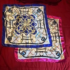 Set of 2 Equestrian Horse Bit Print Square Satin Silk Feel Neck Scarves Blue and
