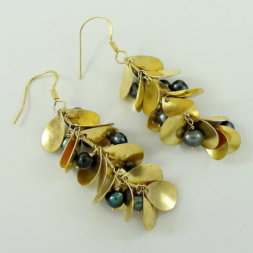 Pendientes Hija Chapados en Oro Gota Étnica Piedras Preciosas de Perla Redonda Plata Sólida 925 Foto 4 de 4