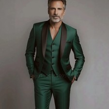 Mens 3 Piece Slim Fit Wedding Suit Green Blazer Waistcoat Trousers Set