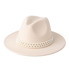 Womens Wide Brim Fedora Hat with Pearl Band Lady Panama Hat Beige
