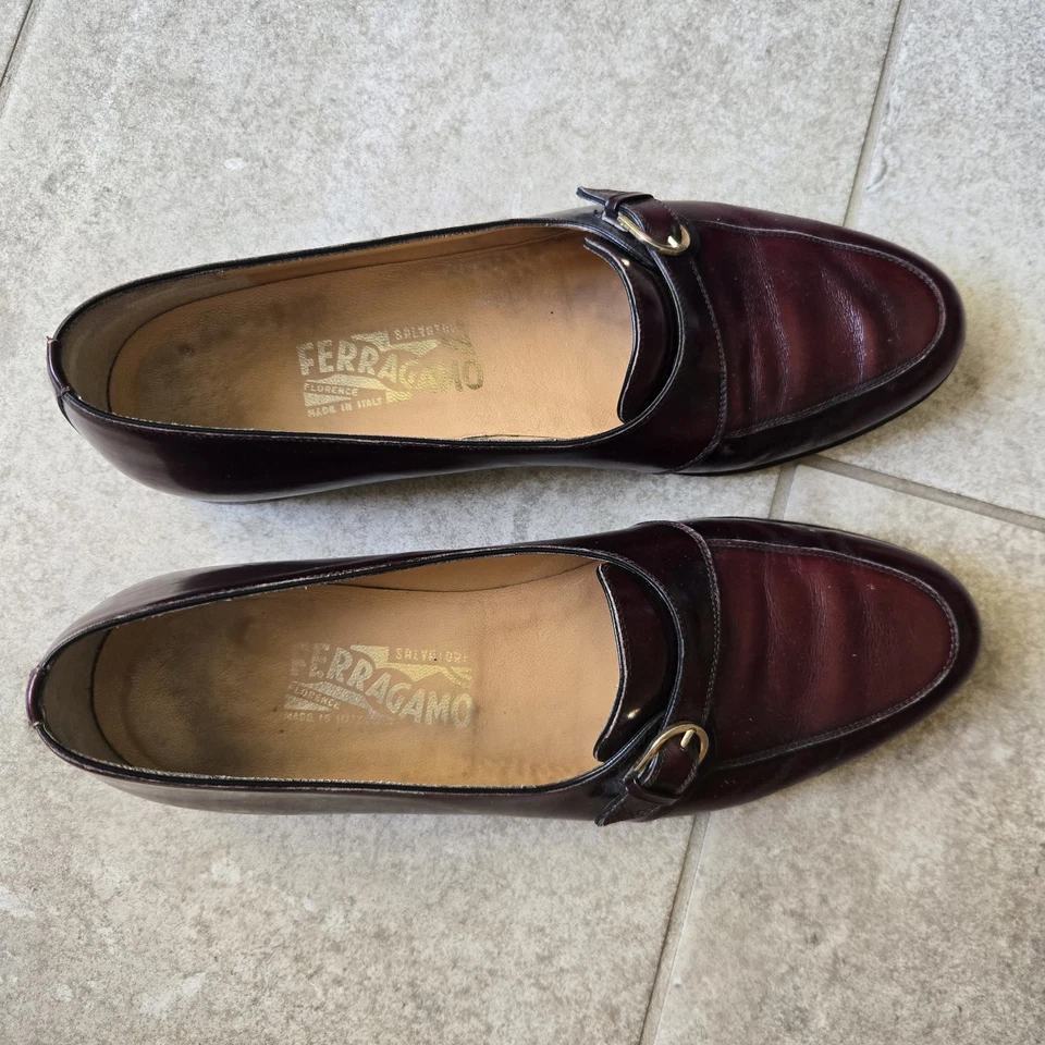 Mocassim Masculino Ferragamo Couro Borgonha Fivela Tamanho 9.5 B Fabricado na ITÁLIA - Imagem 4 de 4