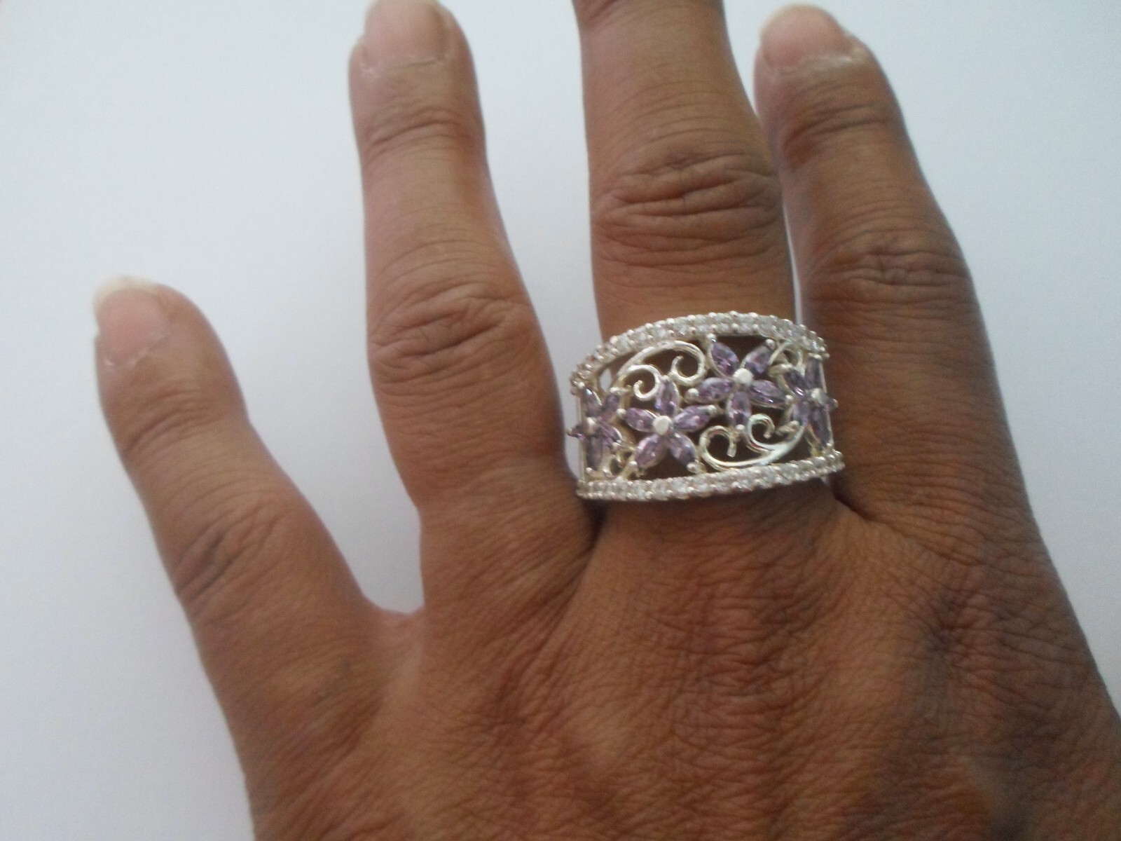 large solid silver ring, openwork, amethyst flowe… - image 4