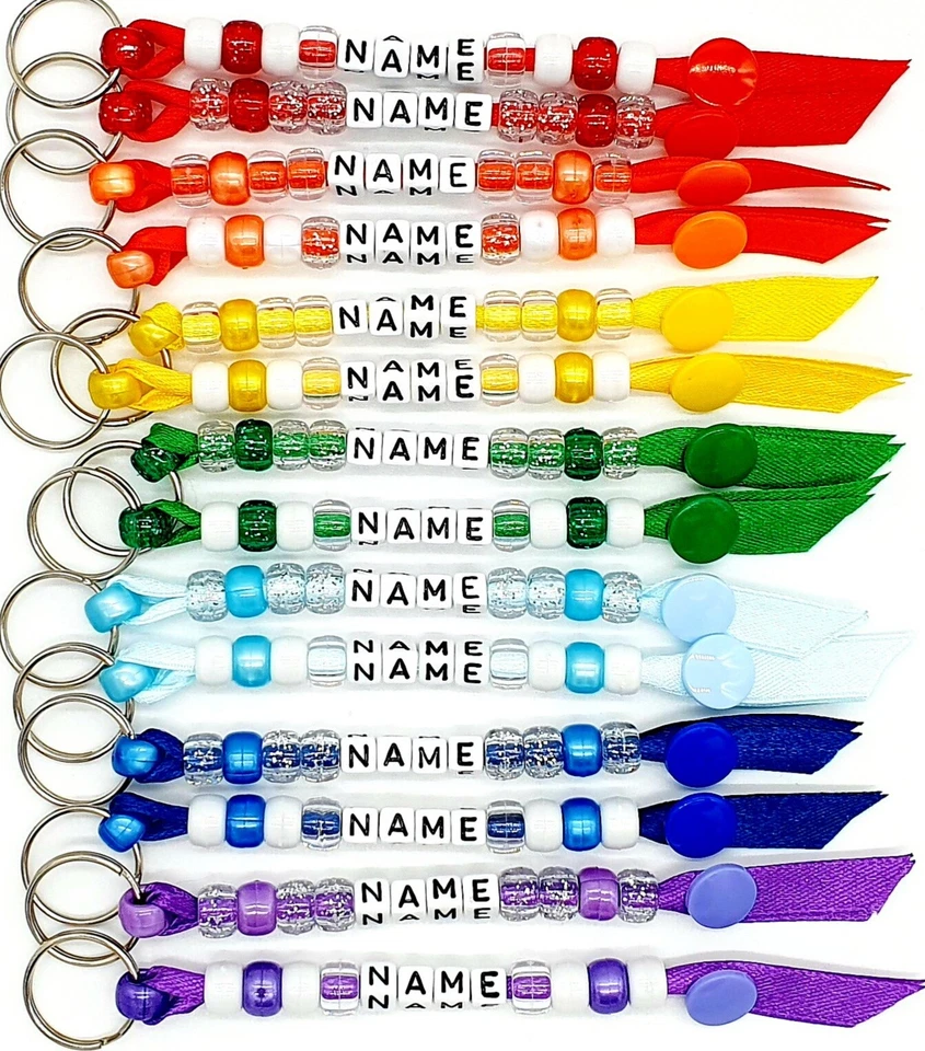 Personalised handmade beaded key ring any name/party bag filler/tag/school leave