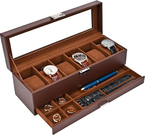 Caja de reloj para hombre, vitrina de 6 ranuras con cajón - Picture 9 of 12