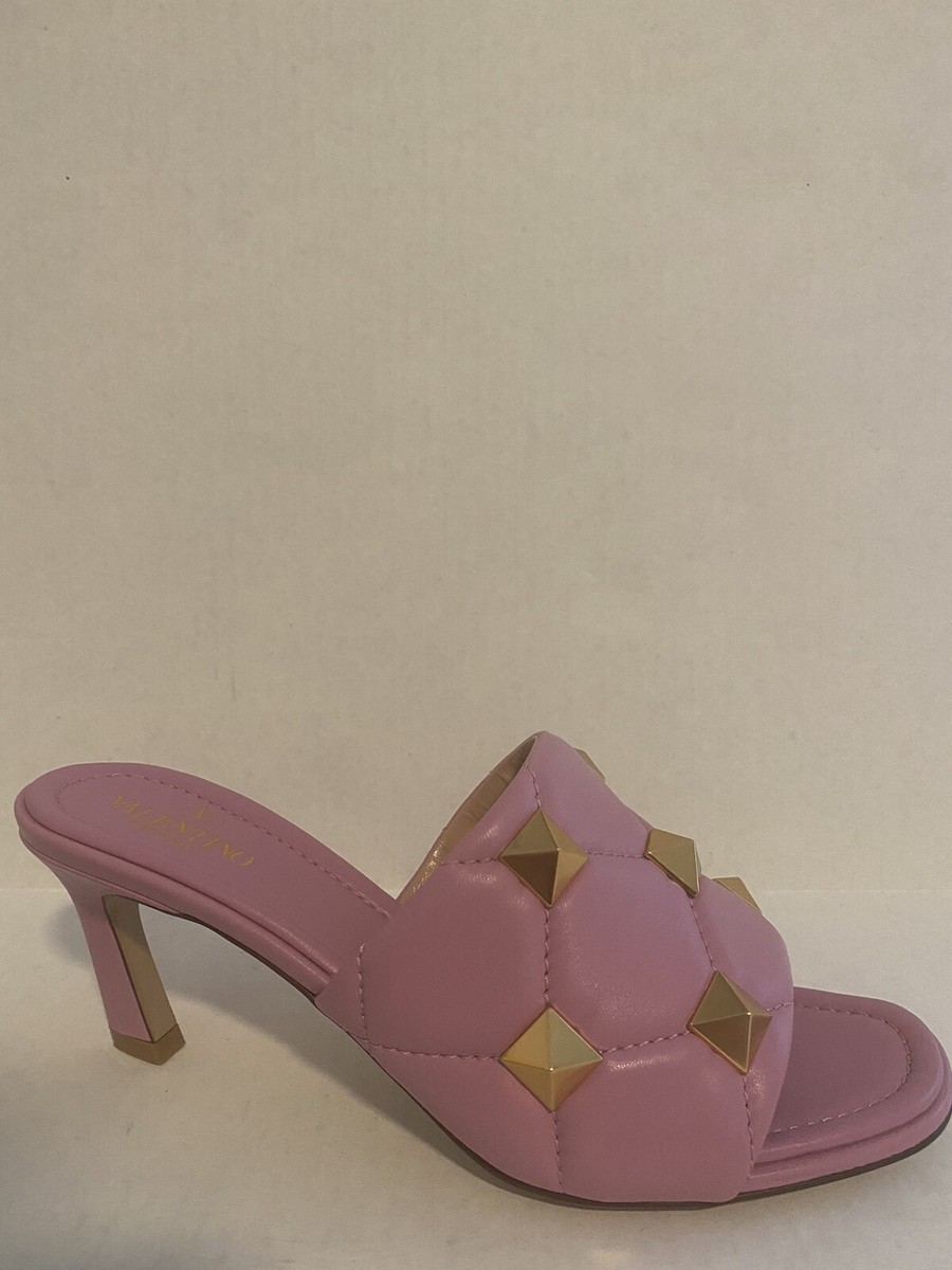 VALENTINO GARAVANI Pink ROMAN Stud Quilted Leather Slide