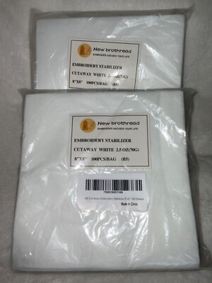 2 Packs New Brothread Embroidery Stabilizer Cut Away White 8 x8  100 pc G25
