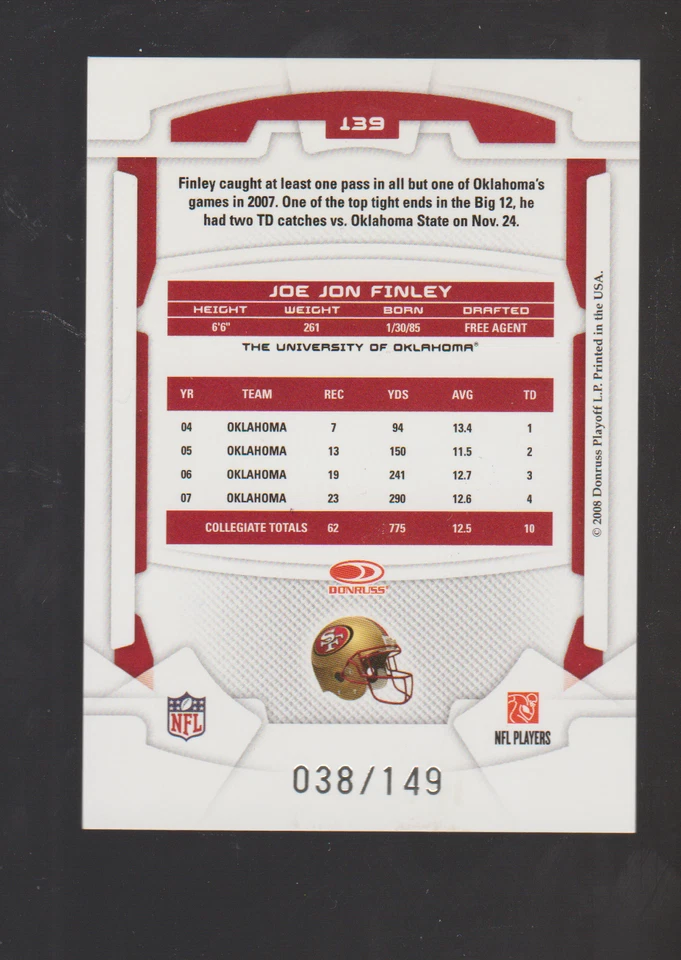 2008 Leaf R&S Longevity Blue #139 Joe Jon Finley RC, Oklahoma Sooners #/149 - Image 2 of 2