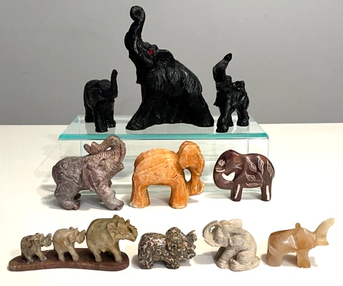 VINTAGE LOT of 12 ELEPHANTS STONE (9) /COAL (3) HAND CARVED FIGURINES