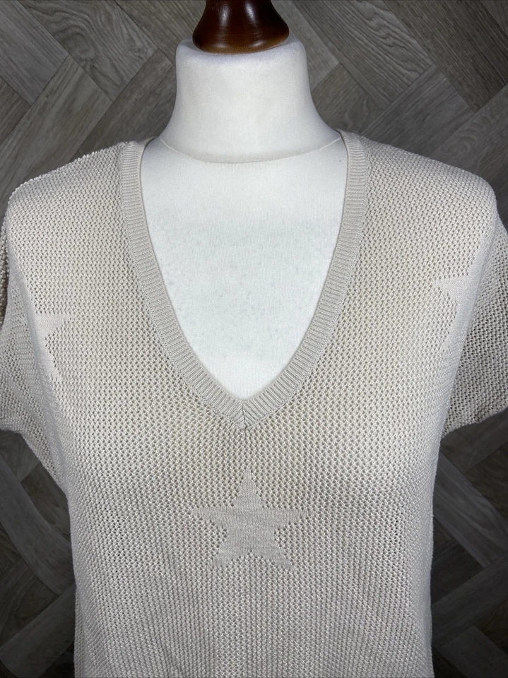Hush Star Short Sleeve Top Open Knit V Neck Jumper Beige Semi Sheer Size S - Image 2 of 4