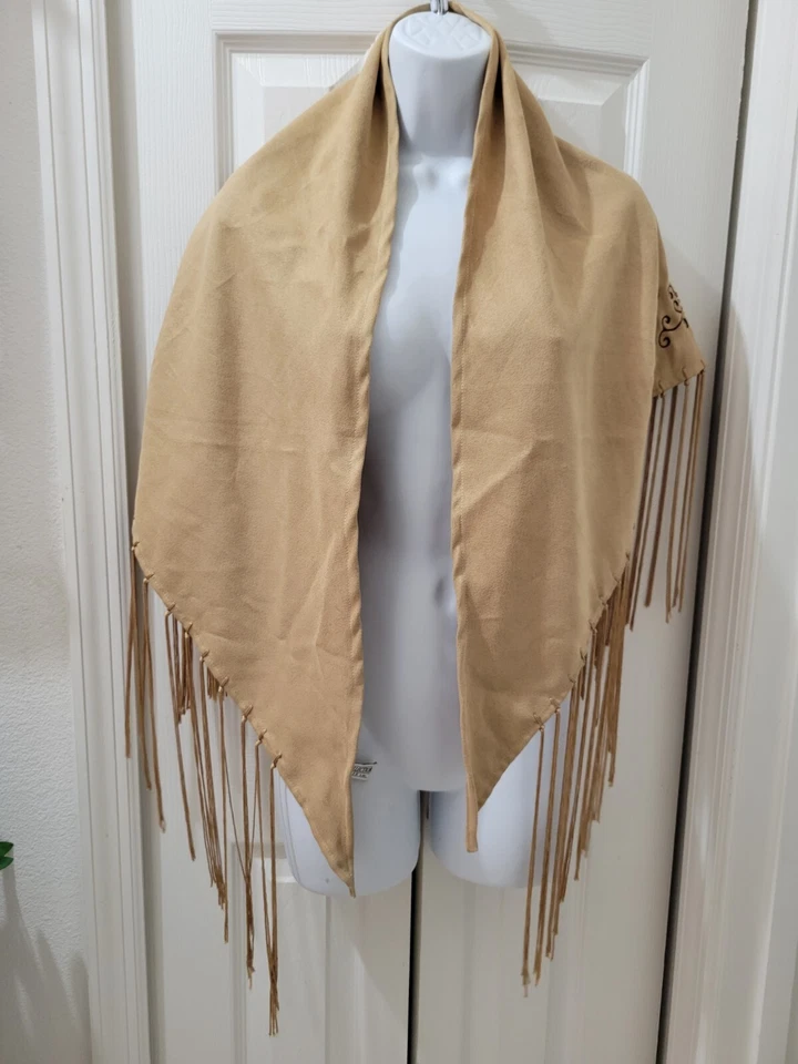Colección XIX Mantón Envolvente Gamuza Imitación Bordado con Fleco Marrón Camel India Foto 2 de 4