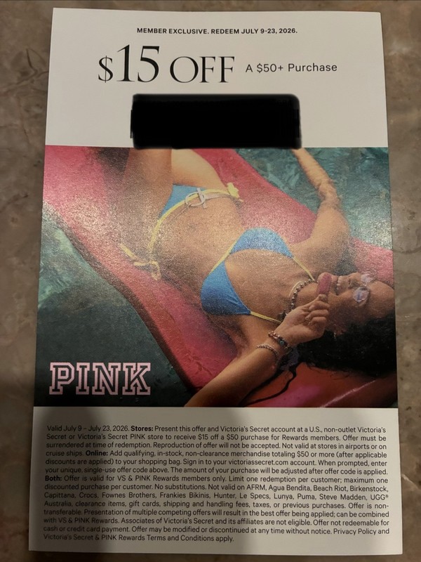 Victoria's Secret Code $15 off $50 Redeem 7/9/26 to 7/23/26