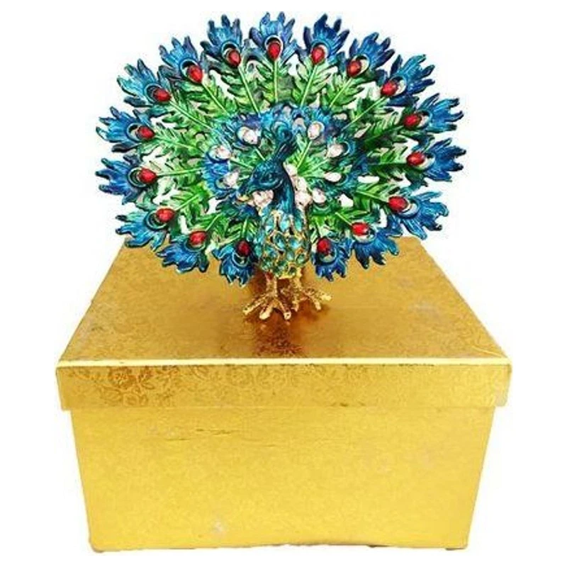 Portagioie Pavone in Metallo Smaltato Scatola Portagioielli Decorativo, fotografia 7 di 9