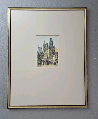 Hand Colored Etching Prague Old Town Bridge Tower Signed Framed 29.5x23.5