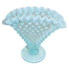 Fenton Blue Opalescent Hobnail Small Footed 4 Inch Fan Vase 1950s