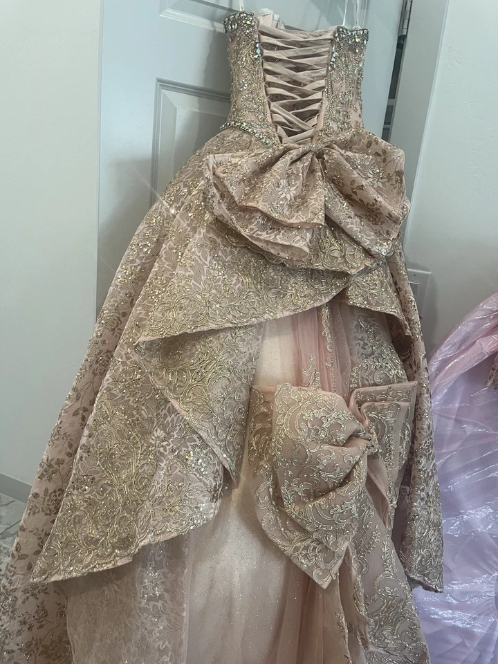 Cute Rose Pink and Gold Quincenera Dress with Bows Sleeveless - Image 3 of 4
