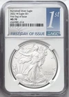 2022 W BURNISHED SILVER EAGLE WITH W MINT MARK FIRST DAY OF ISSUE NGC MS70