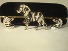 SIGNED, BOB MACKIE, ZEBRA SET BROOCH & EARRINGS,BLACK ENAMEL, SILVER, STRIPES